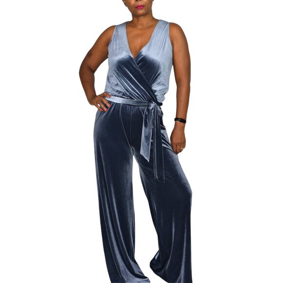 Samantha Dru Flare Jumpsuit Blue Wrap Belt Velour Velvet Wide Leg Pantsuit Small - Picture 1 of 15
